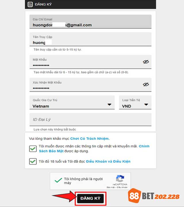 Điền thông tin vào form 88Bet đăng ký